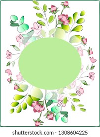 Vector card design with pink field flowers, green leaves and green frame for copy space