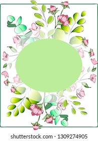 Vector card design with pink field flowers, green leaves and green frame for copy space