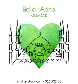 Vector card design with silhouette of the Blue mosque in Istanbul and congratulation. Black sketchy outlines on bright green watercolor heart. Isolated objects on white. Eid al-Adha greeting.