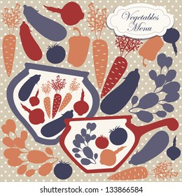 Vector card design with vector silhouettes of artistic  plates and dishes with decorative vegetables.