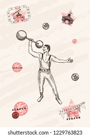 Vector card design. Strongman with mustache . Retro circus performance. Pen style drawing.