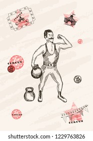 Vector card design. Strongman with mustache . Retro circus performance. Pen style drawing.