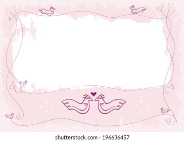 Vector card design with stylized birds with heart on a pale pink background