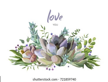 Vector card design with Succulent flower plant berry & herb leaf mix watercolor hand drawn beauty bouquet. Elegant art postcard greenery invite Lovely editable echeveria cactus composition, text space