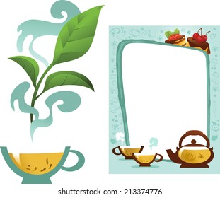 Vector card design with a tea cup and teapot