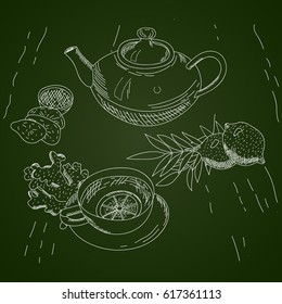 Vector card design with tea. Poster for tea house. Vector hand drawn set
