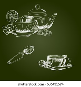 Vector card design with tea. Poster for tea house. Vector hand drawn set.