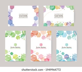 vector card design template with colorful hexagons, watercolor decoration on white background set
