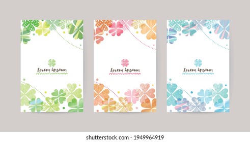 vector card design template with colorful clovers, watercolor decoration on white background set