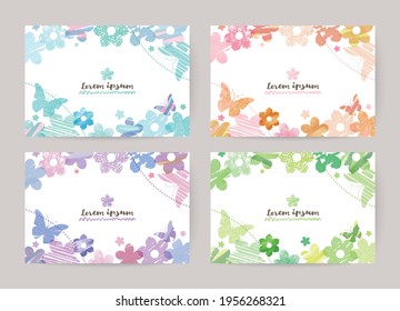 vector card design template with colorful flowers and butterflies, watercolor decoration on white background set