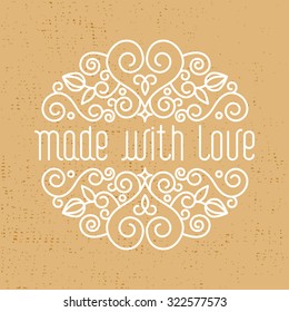 Vector  card design template with hand lettering. Text "made with love". Decorative element in trendy linear style.