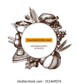 Vector card design for Thanksgiving day with ink hand drawn autumn illustration. Harvest background. 