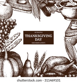Vector card design for Thanksgiving day with ink hand drawn autumn illustration. Harvest background. 