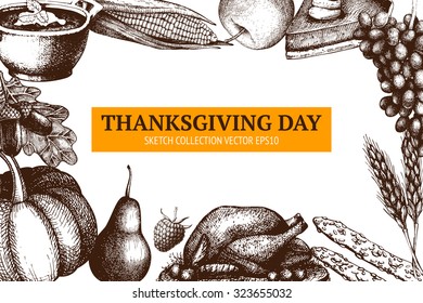 Vector card design for Thanksgiving day with ink hand drawn autumn illustration. Harvest background. Vintage template