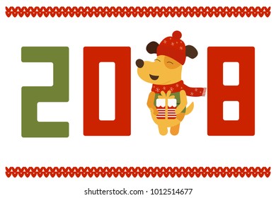 Vector card design with yellow dog. Year of dog 2018 logo, icon. Vector symbol of new 2018 in Chinese calendar.