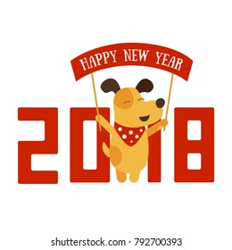 Vector card design with yellow dog and Happy new year text. Vector symbol of new 2018 in Chinese calendar. EPS 10