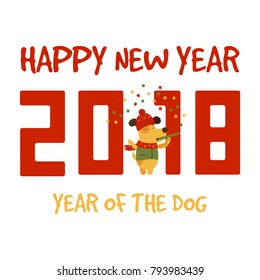 Vector card design of yellow dog with confetti and Happy new year text. Year of dog 2018 logo, icon. Vector symbol of new 2018 in Chinese calendar.  EPS 10