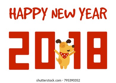 Vector card design with yellow dog and Happy New Year text. Year of dog 2018 logo, icon. 