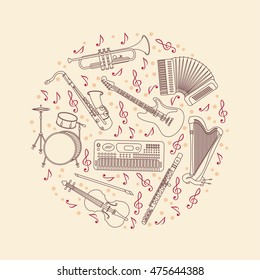 Vector card with different music instruments: synthesizer, drums, accordion, violin, trumpet, harp, drum, saxophone, electric, guitar, flute. Place for your text.