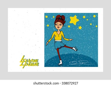 Vector card for different purposes with a winter story - girl skates on the background of snow and stars