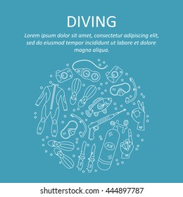 Vector card with diving equipment. Diving line icons of scuba, oxygen balloon, diver knife, harpoon, spear gun, gauge, camera.