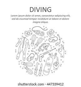 Vector card with diving equipment. Diving line icons of scuba, oxygen balloon, diver knife, harpoon, spear gun, gauge, camera.