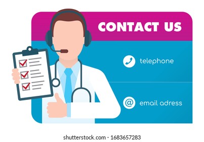 Vector card. Doctor as a prevention available on the phone or e-mail address. Isolated on white background.