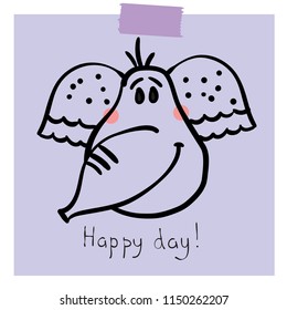 Vector card with doodle elephant .Simple design of cute elephant and hand drawing text