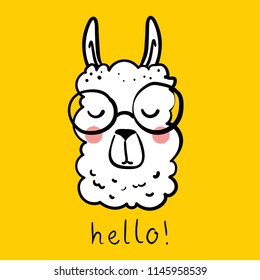 Vector card with doodle llama .Simple design of cute llama and hand drawing text- Hello