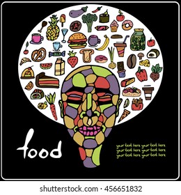 Vector card with doodle on the theme of food. Image of a girl with an afro hairstyle. Disco style. There is a place for your text. Cafes and fashion. It can be used for packaging, invitations.