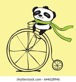 Vector card with doodle panda on the bike