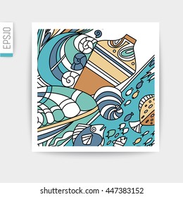 Vector card  with doodles marine theme.
Sea bottom color.