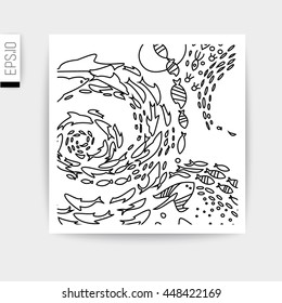 Vector card  with doodles marine theme.Sea bottom line drawing.