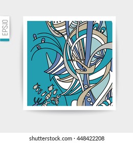 Vector card  with doodles marine theme.Sea bottom color.