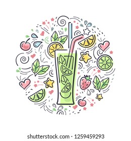 Vector card with drink mojito and decoration elements. Hand drawn style illustration.  Suitable for bar menu design, invitation, advertisign or textile print