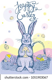 vector card  for Easter with bunny and basket eggs