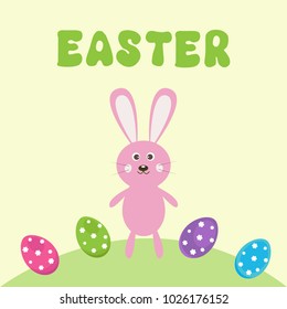 Vector card for Easter. Cute rabbit with Easter eggs.