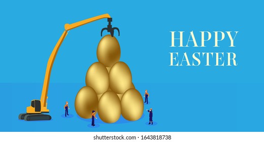 Tarjeta vectorial para Pascua. Una enorme grúa y trabajadores armaron una pirámide de huevos de Pascua.