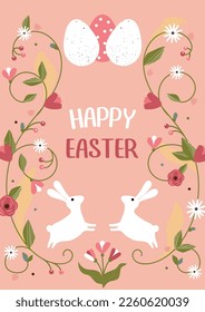 Vector card for Easter. Pink Easter card decorated with bunnies and eggs, flowers. Beautiful ready made happy easter card.
