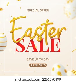 Vector card for Easter sale. Vector holiday illustration with realistic golden 3d lettering, confetti and eggs with golden patterns. Realistic 3d symbols of Easter. Ad design for posters, banners.