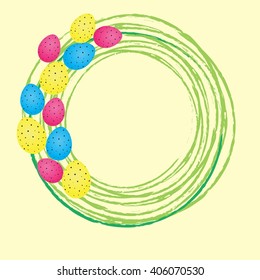 Vector card with eggs and green circles, beige background.