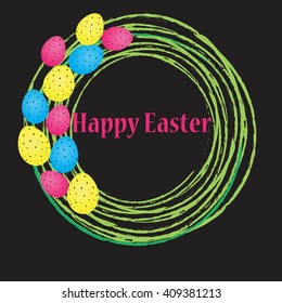 Vector card with eggs and text Happy Easter in green circles, black background.