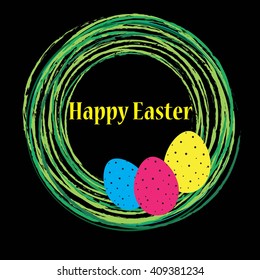 Vector card with eggs and text Happy Easter in green circles, black background.