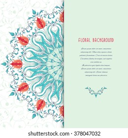 Vector card with elegant decor with curls. Round tulip flower pattern. Insertion for your text.