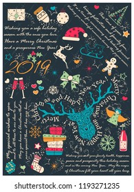 Vector card with elements for a new year and Christmas. text with congratulations. 