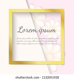 Vector card with empty realistic golden frame place for your text or corporate identity details. Beautiful white flowers. High quality illustration template for any card banners flyers app or print.