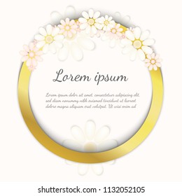 Vector card with empty realistic golden frame place for your text or corporate identity details. Beautiful white flowers. High quality illustration template for any card banners flyers app or print.