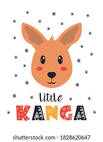 Vektorkarte mit Gesichtskängurus und Buchstabenkombination, Illustration für Kinder, Druck, Grußposter, süßes Tier, skandinavischer Stil