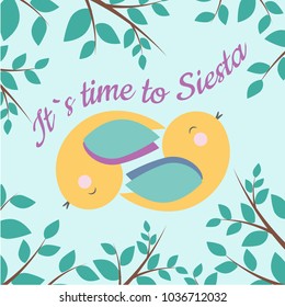 Vector Card with fairy tale landscape, fox, birds and Its Time to Siesta phrase. Perfect for cards, banners, posters, kids illustartion books.