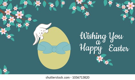 Vector Card with fairy tale landscape, Easter bunny, Egg and Wishing You a Happy Easter  phrase. Perfect for cards, banners, posters, kids illustartion books.